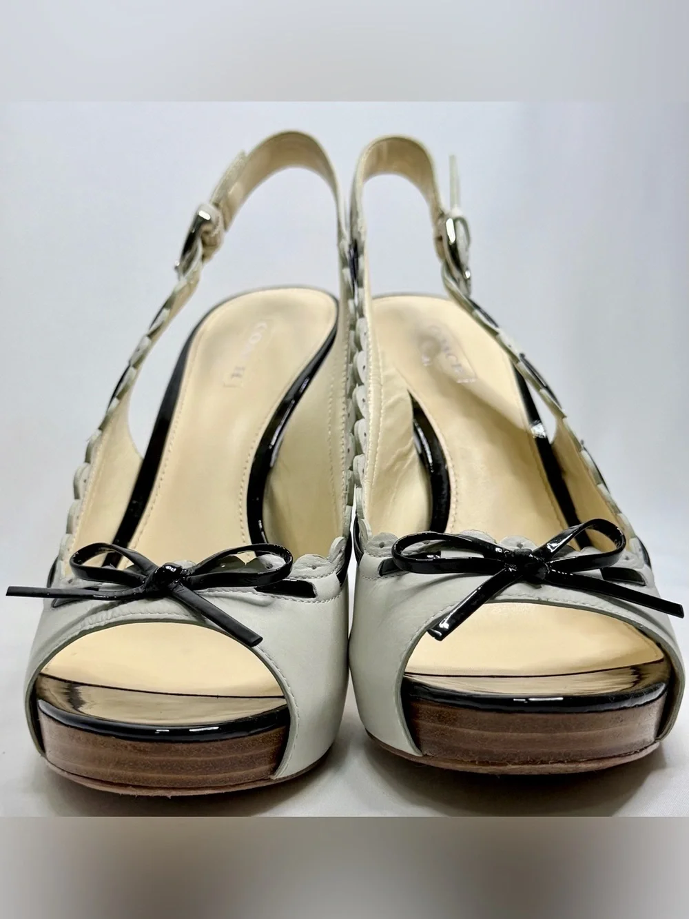 Coach Vintage Antonia Leather Bow Platform Slingback Stiletto Heels Off White 8M
